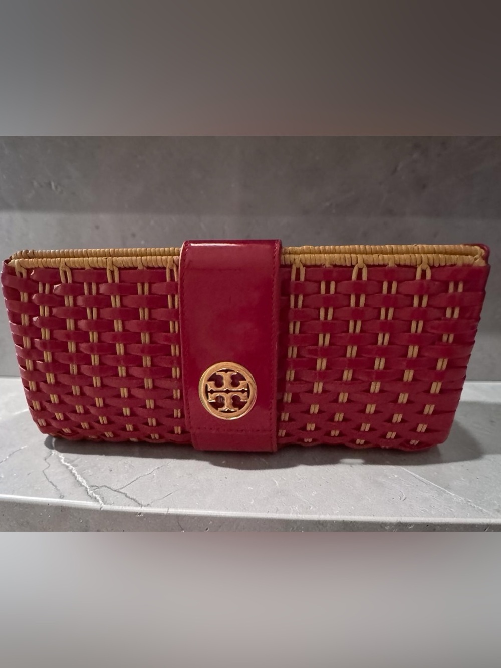 Tory Burch Woven Red Patent Clutch With COA